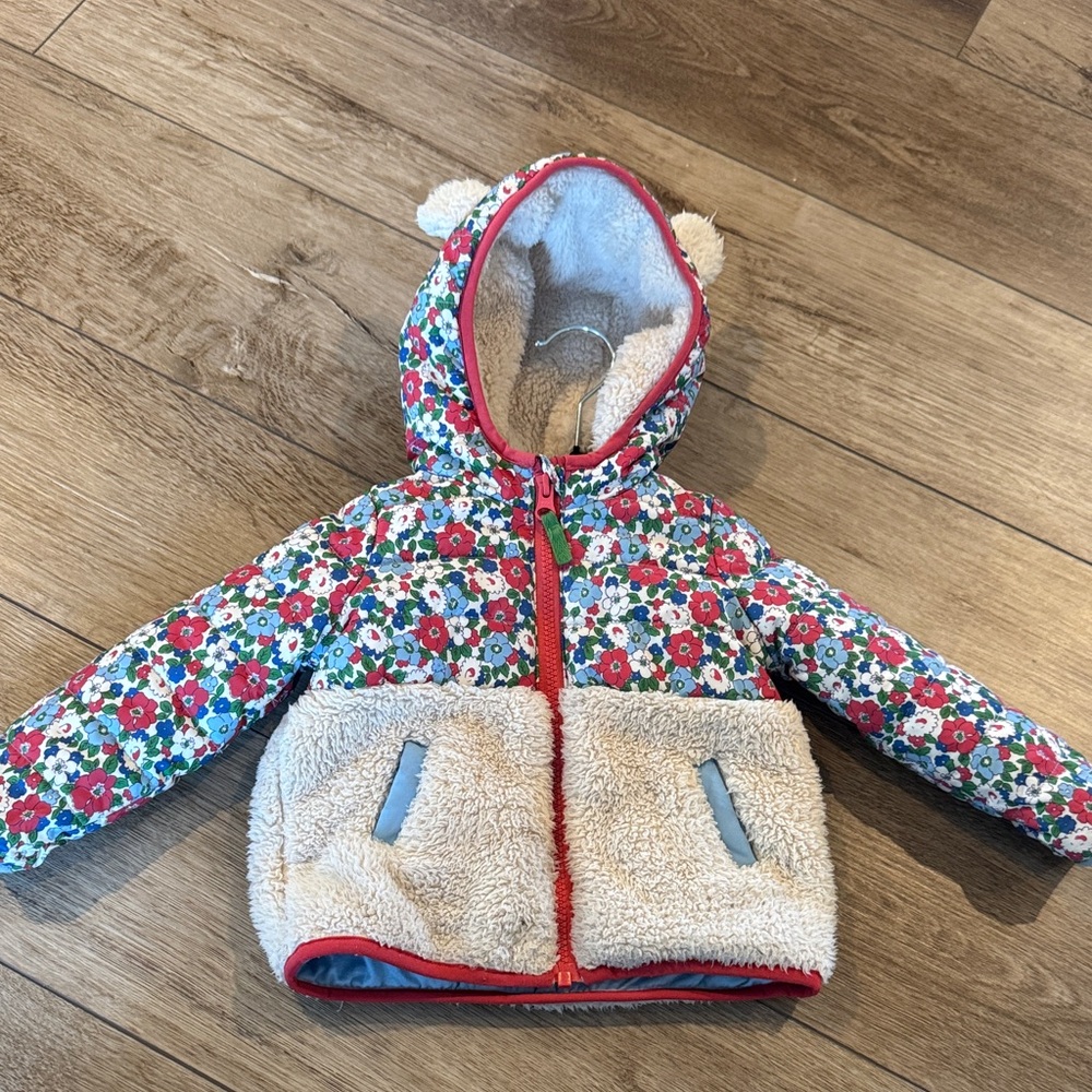 Mini Boden Floral Hooded Coat with Sherpa Pockets